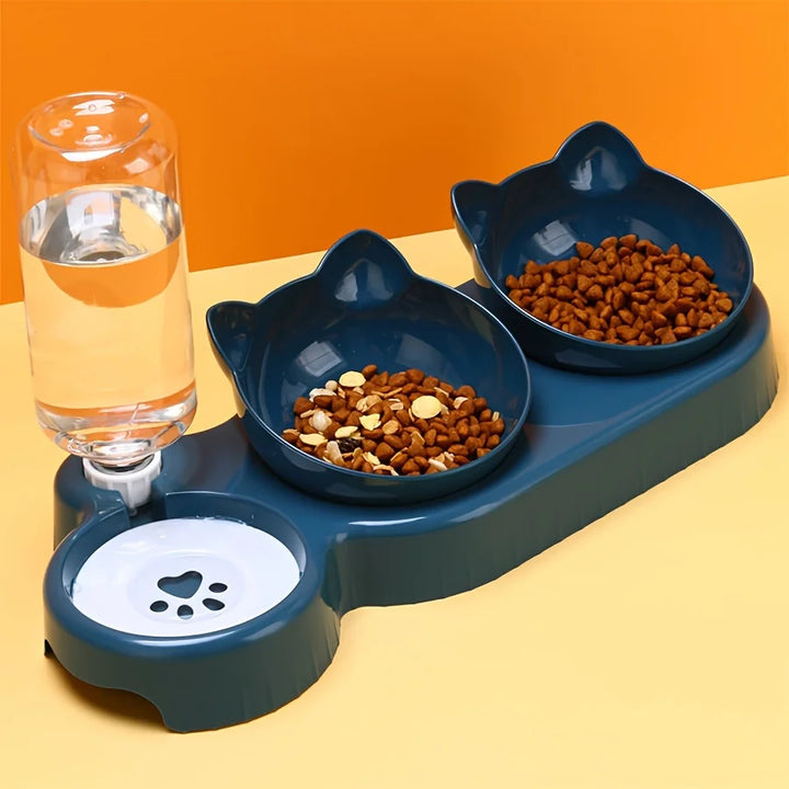 3-in-1 Cat Feeding & Water Bowl – Tilted Ear Design with Gravity Water Feeder