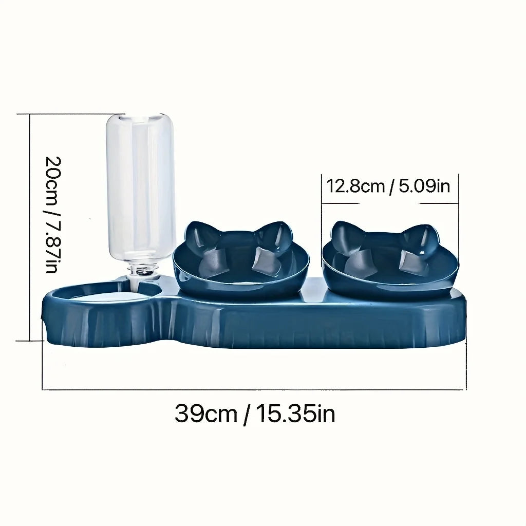 3-in-1 Cat Feeding & Water Bowl – Tilted Ear Design with Gravity Water Feeder