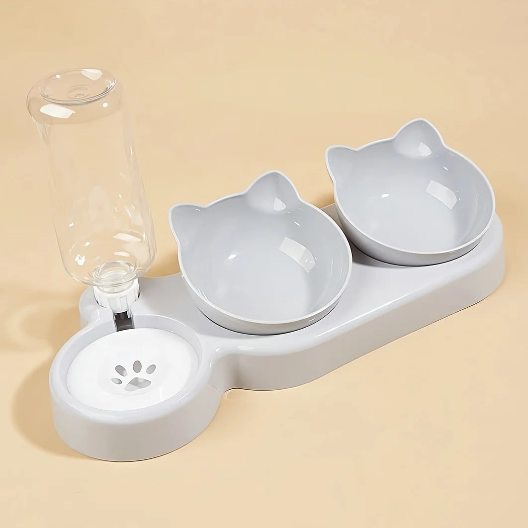3-in-1 Cat Feeding & Water Bowl – Tilted Ear Design with Gravity Water Feeder