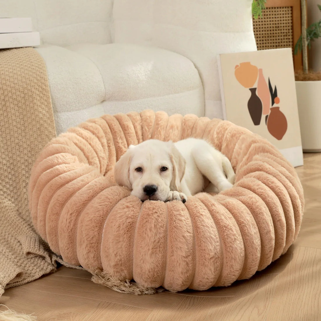 Corduroy Donut Pet Bed with Anti-Slip Bottom – Washable Calming Bed