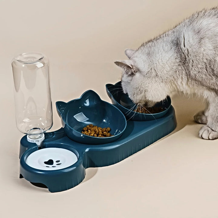 3-in-1 Cat Feeding & Water Bowl – Tilted Ear Design with Gravity Water Feeder