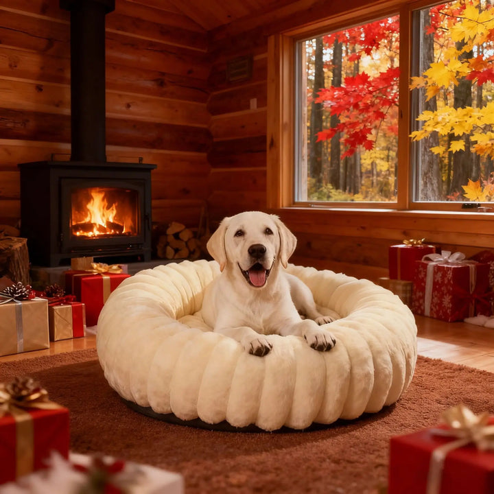 Corduroy Donut Pet Bed with Anti-Slip Bottom – Washable Calming Bed
