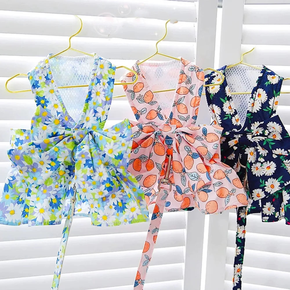 🌸 Floral Pet Dress Set with Bow – Summer Outfit for Cats & Small Dogs
