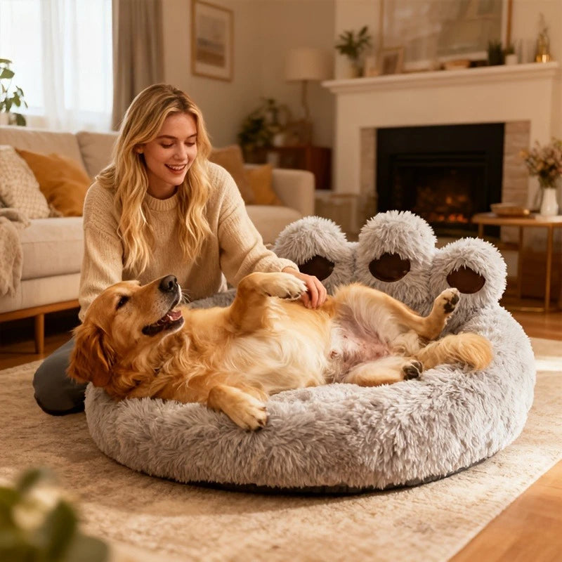 Bear Paw Plush Calming Donut Pet Bed – Warm Anti-Anxiety Cushion