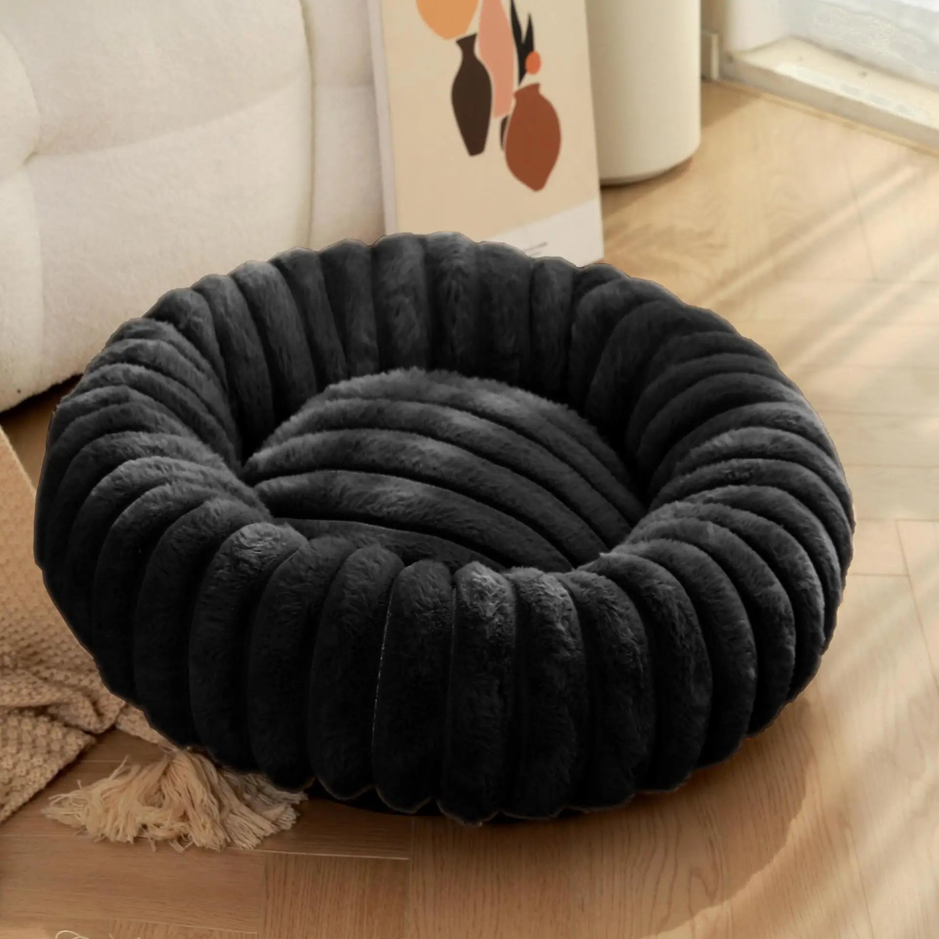 Corduroy Donut Pet Bed with Anti-Slip Bottom – Washable Calming Bed