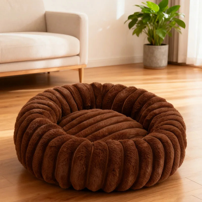 Corduroy Donut Pet Bed with Anti-Slip Bottom – Washable Calming Bed