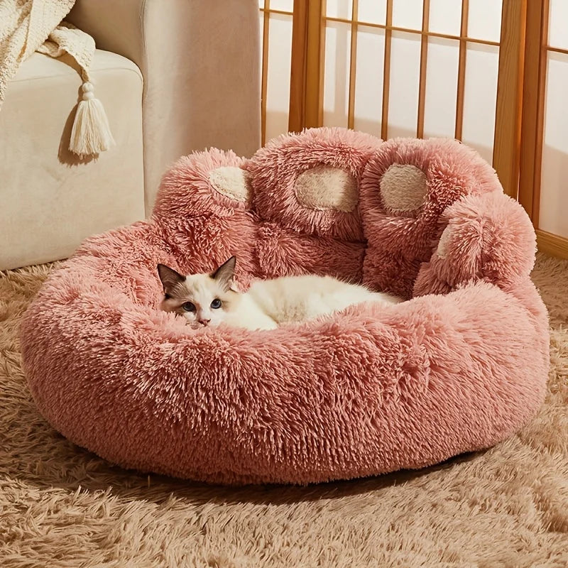 Bear Paw Plush Calming Donut Pet Bed – Warm Anti-Anxiety Cushion