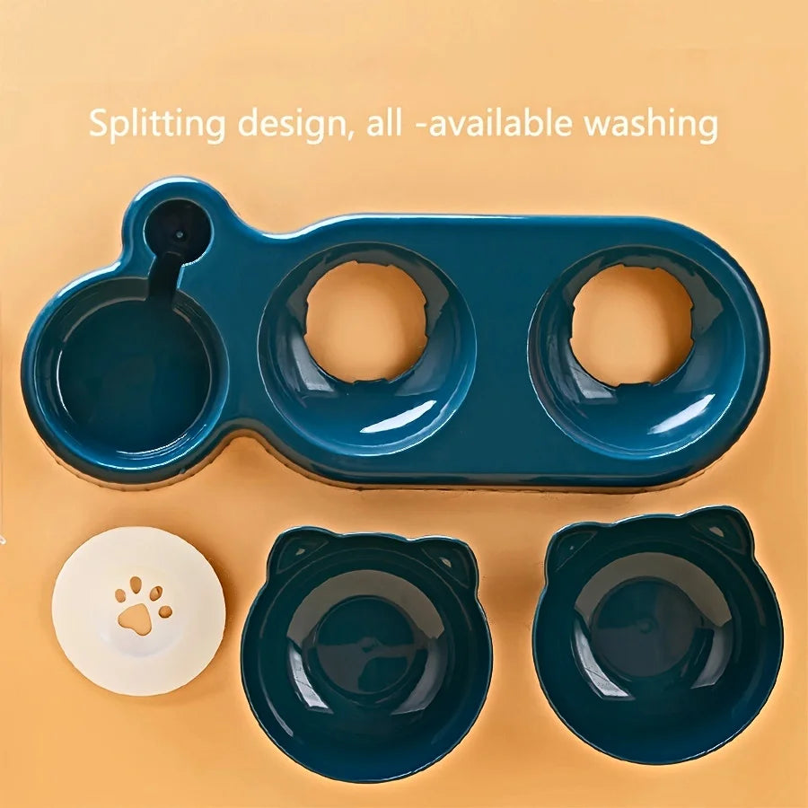 3-in-1 Cat Feeding & Water Bowl – Tilted Ear Design with Gravity Water Feeder